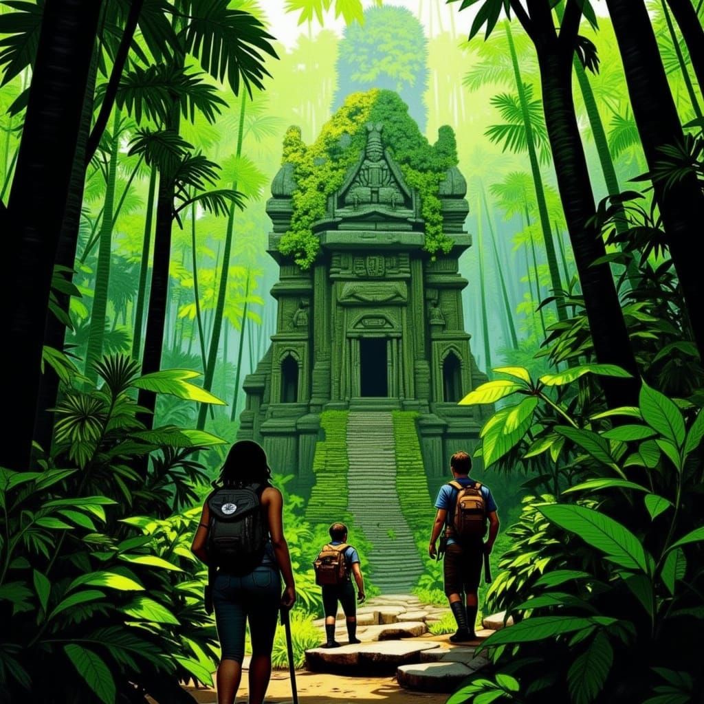 Adventurers Discover Jungle Temple in Matte Painting Style