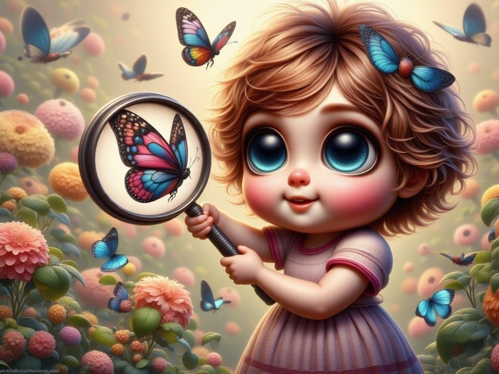 Whimsical Girl Discovers Colorful Butterfly in Garden