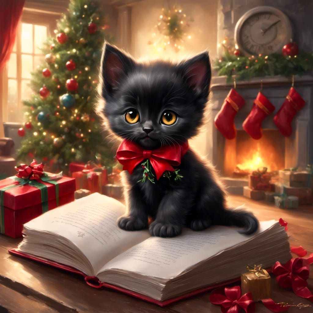 Cute Black Kitten Wishes Merry Christmas