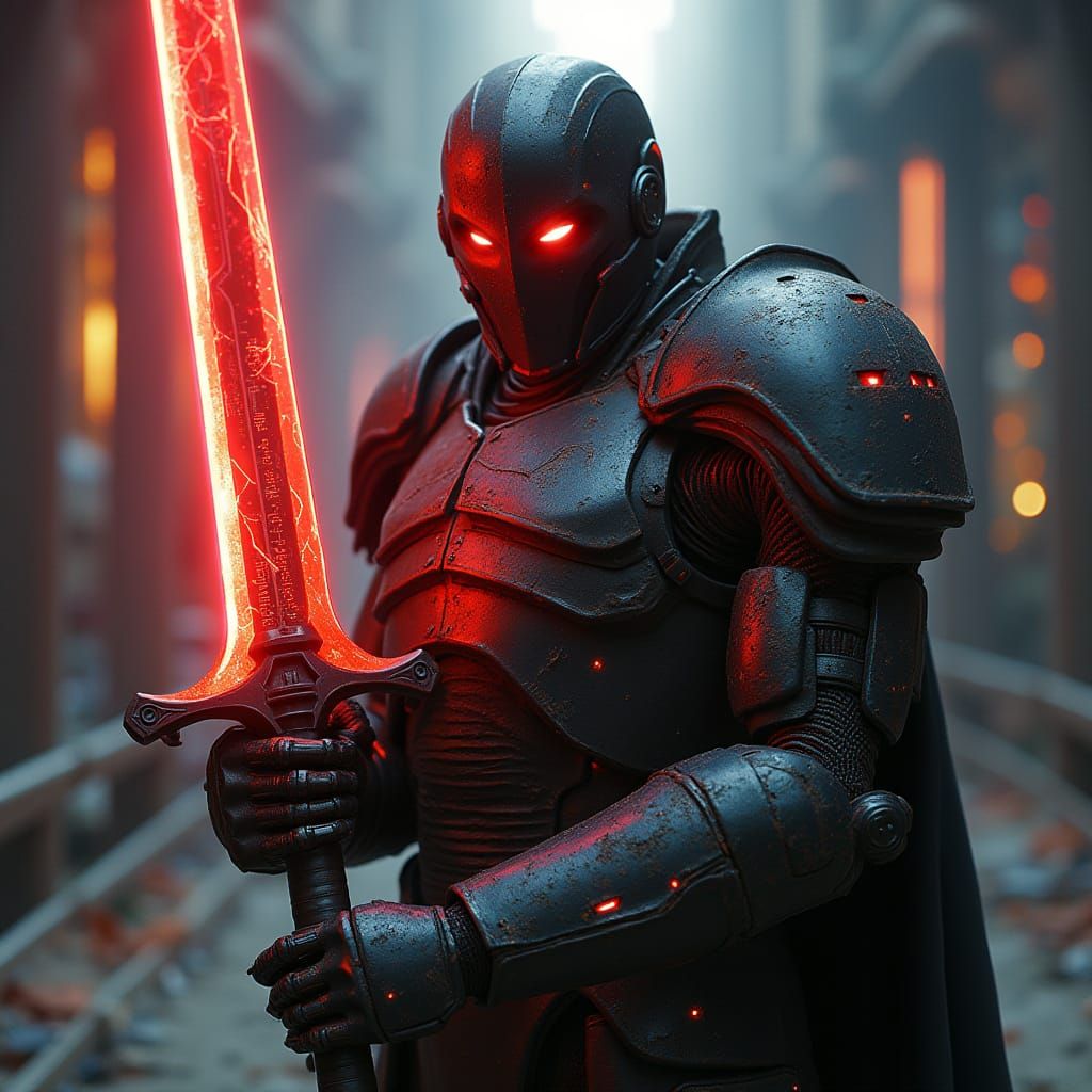 Cyberpunk Robot Warrior with Neon Sword