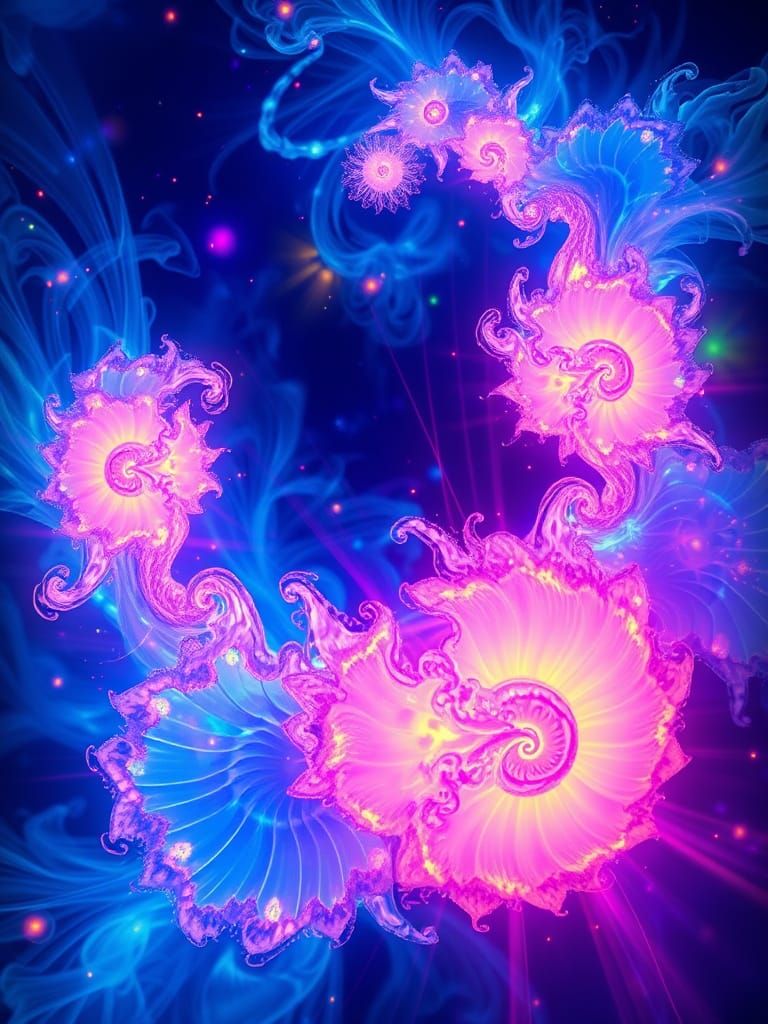 Psychedelic Bioluminescent Seashells in Neon Fractal Style