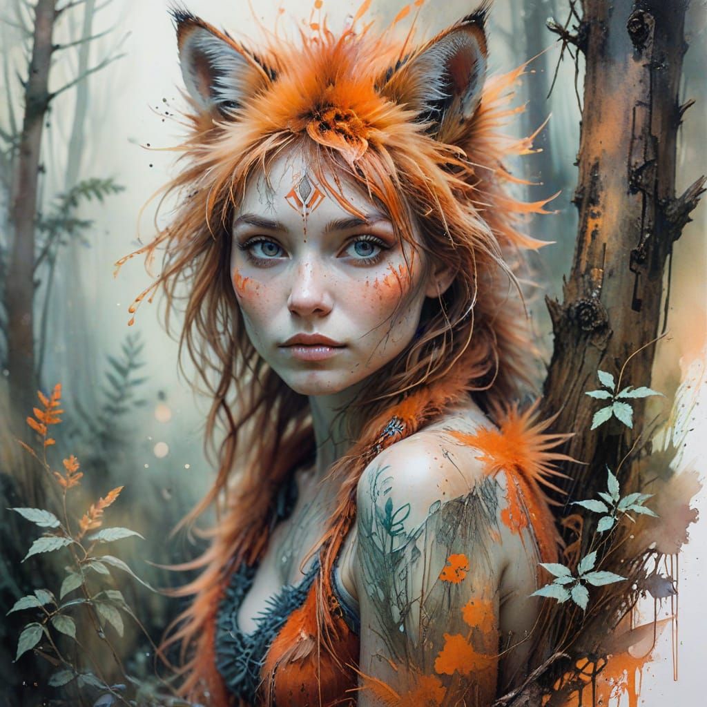 Whimsical Fox Portrait in Misty Forest Morning