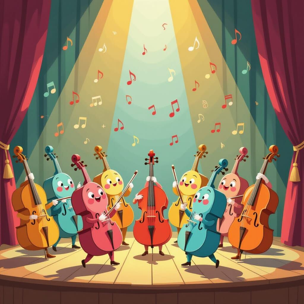 Whimsical Musical Cells Performing on Stage in Storybook Sty...