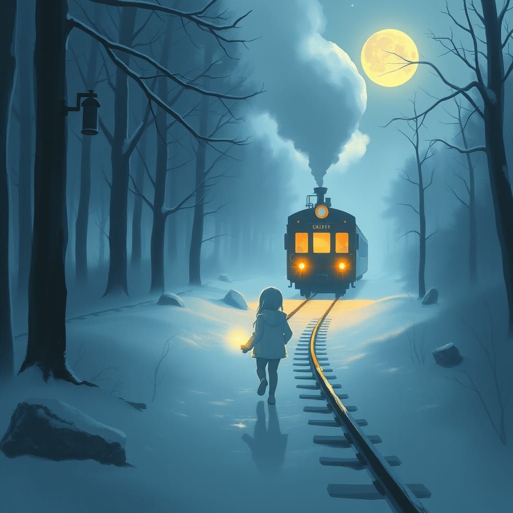 Spectral Child Approaches Glowing Train in Snowy Forest