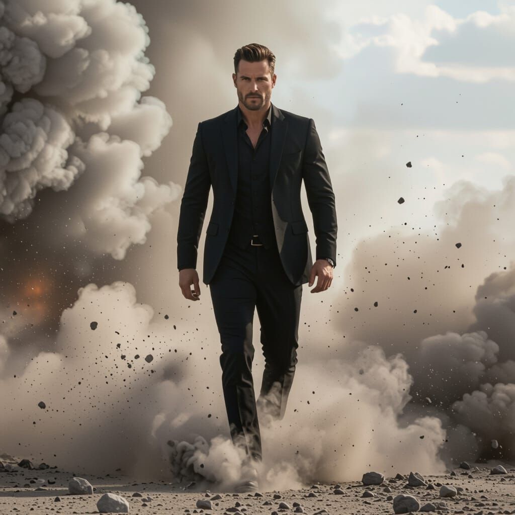 Stylish Man Emerges from Explosion in Cinematic Style