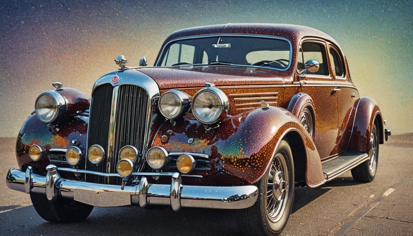 Vintage Car in Pointillism Style Close-Up