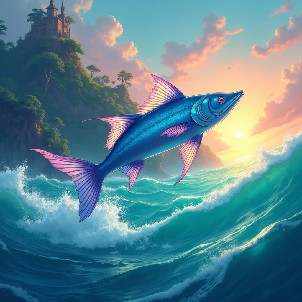 Iridescent Reef Fish Leaping in Enchanted Ghibli Setting