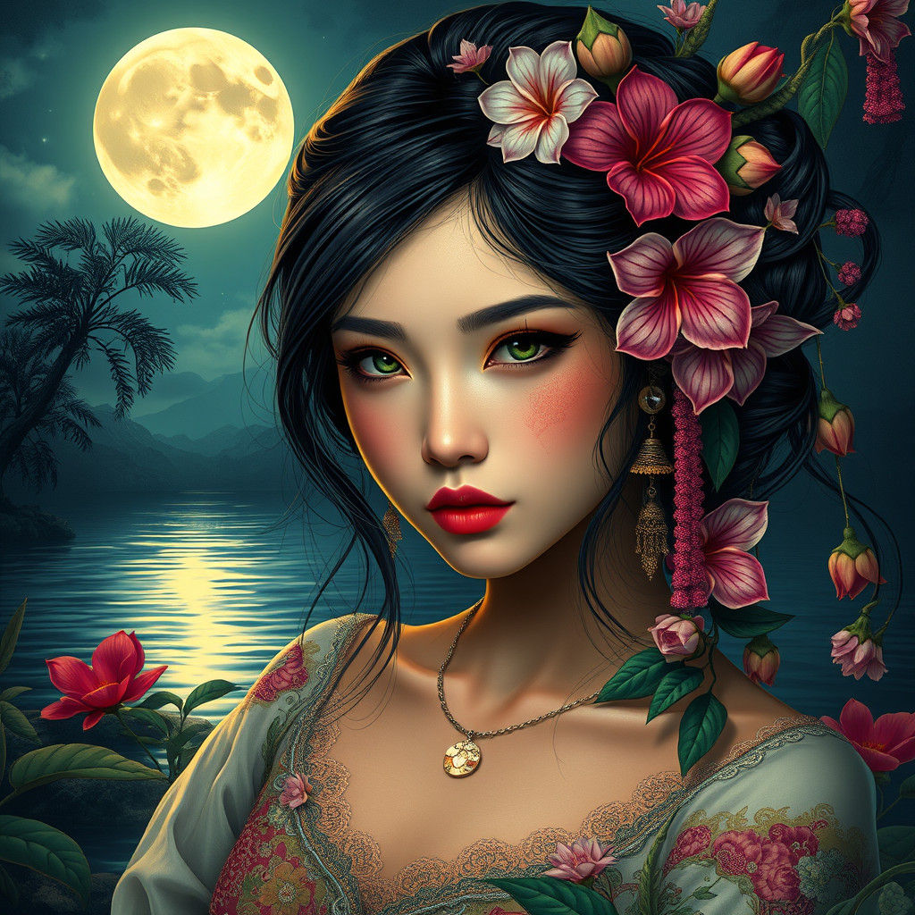Thai Woman on Moonlit Lake: Art Nouveau Rococo Fusion