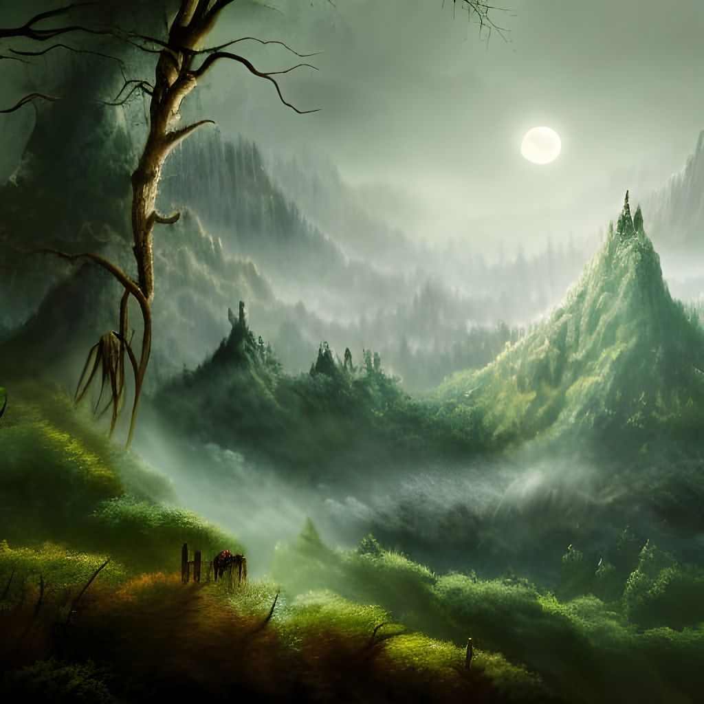 Moonlit Webbed Forest Mountainscape in Detailed Matte Painti...