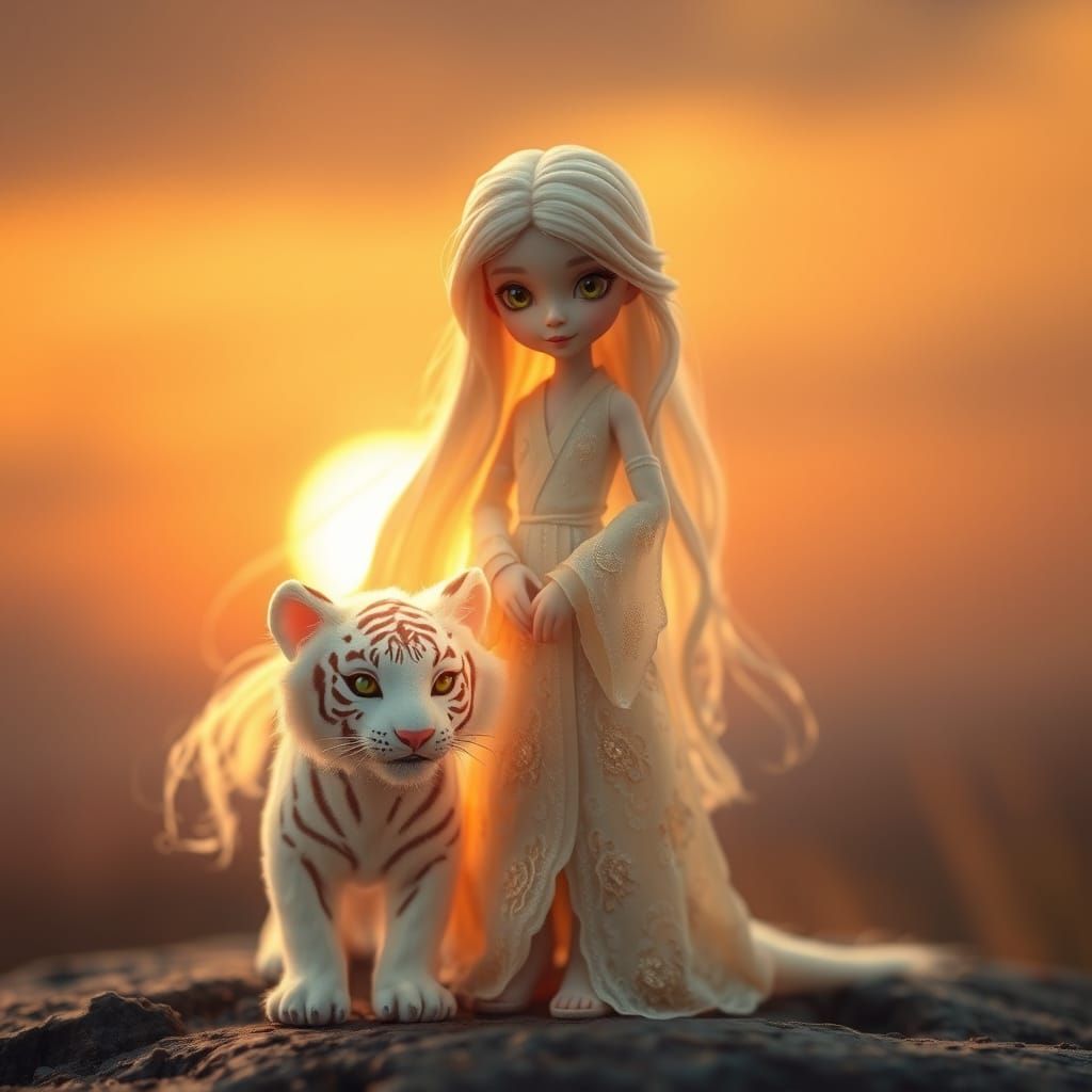 Ethereal Goddess and Her Shimmering Tiger in Sunset Glow