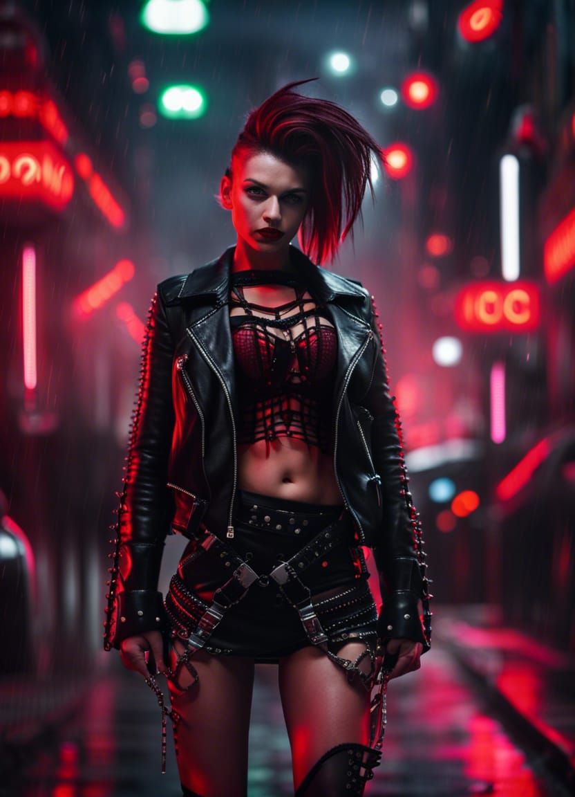 Punk Woman in Futuristic Cityscape