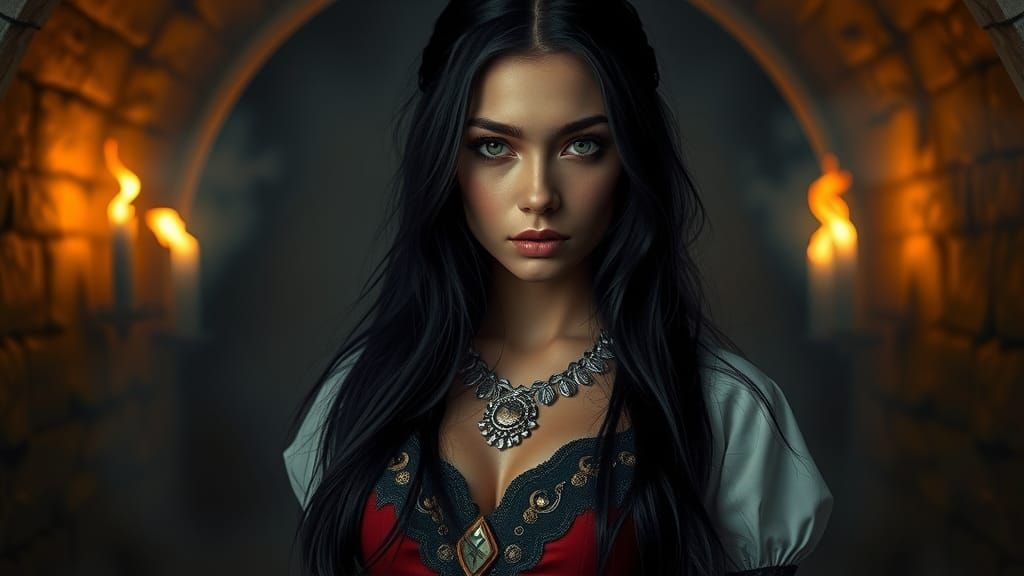 Eastern European Woman in Stone Building, Digital Art