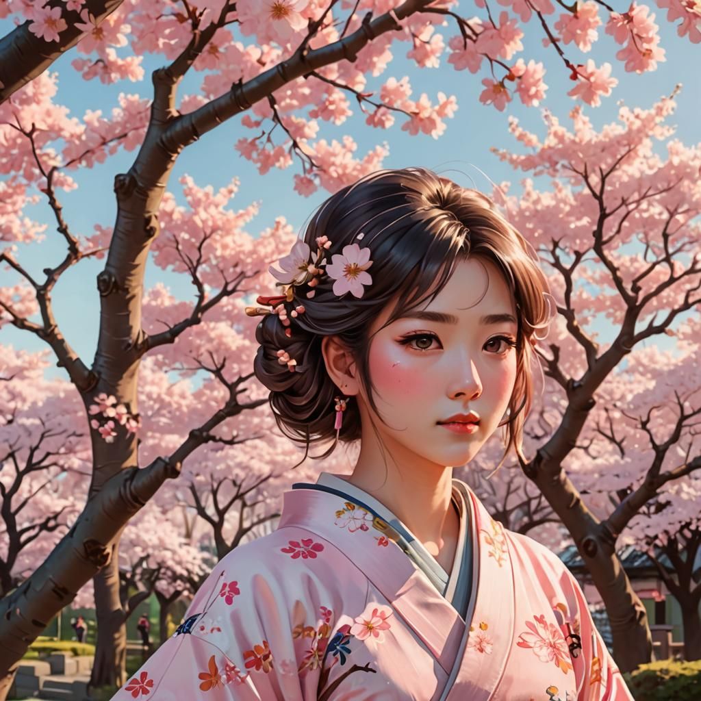 Anime Girl in Kimono Under Cherry Blossoms