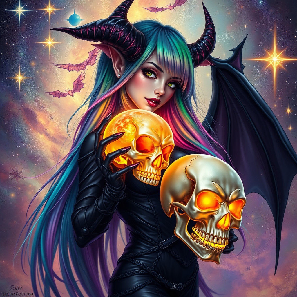 Rainbow Haired Demon Girl with Glowing Skull