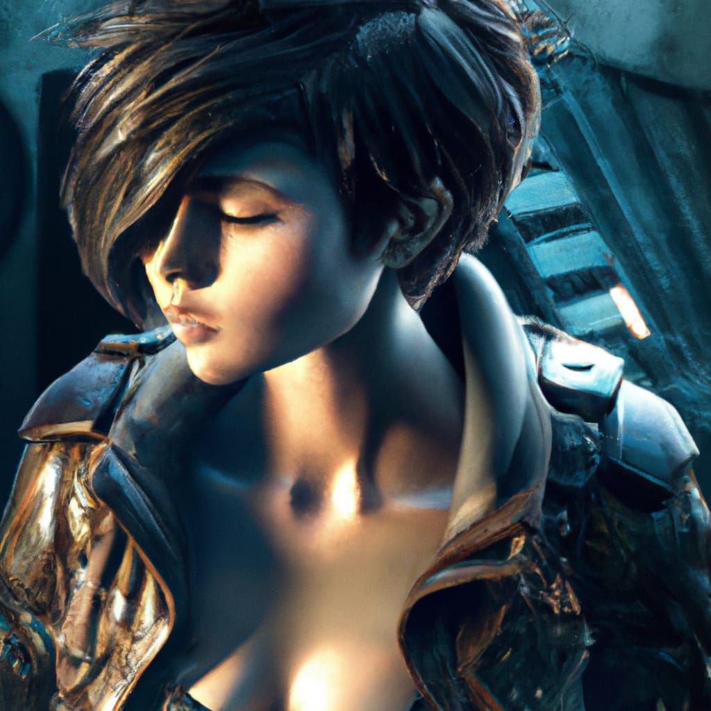 Beautiful Woman in Leather Coat: Digital Art