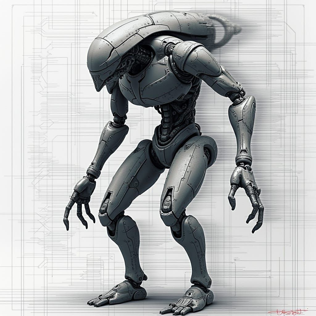 Technical Schematics for Gynoid with Digital Glitch Effects