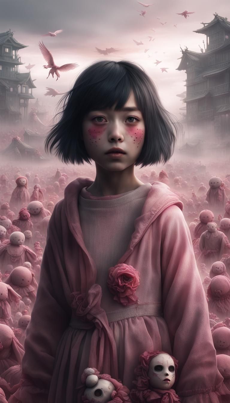 Desolate Japanese Girl with Dolls in Fog