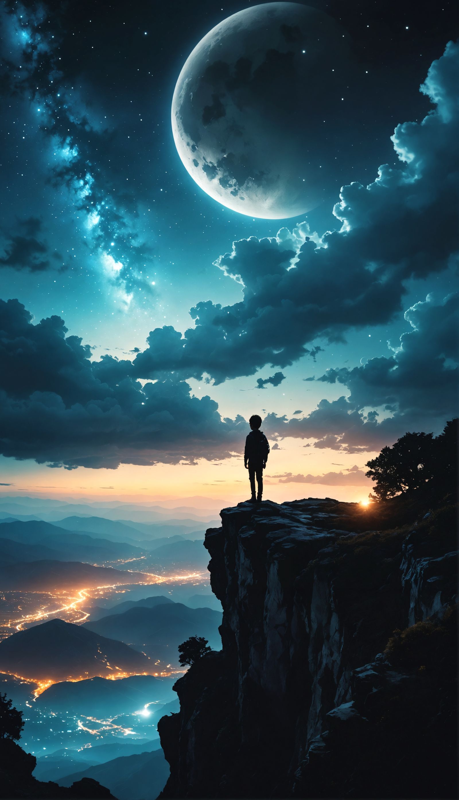 Dreamy Boy Portrait in Starry Night Landscape