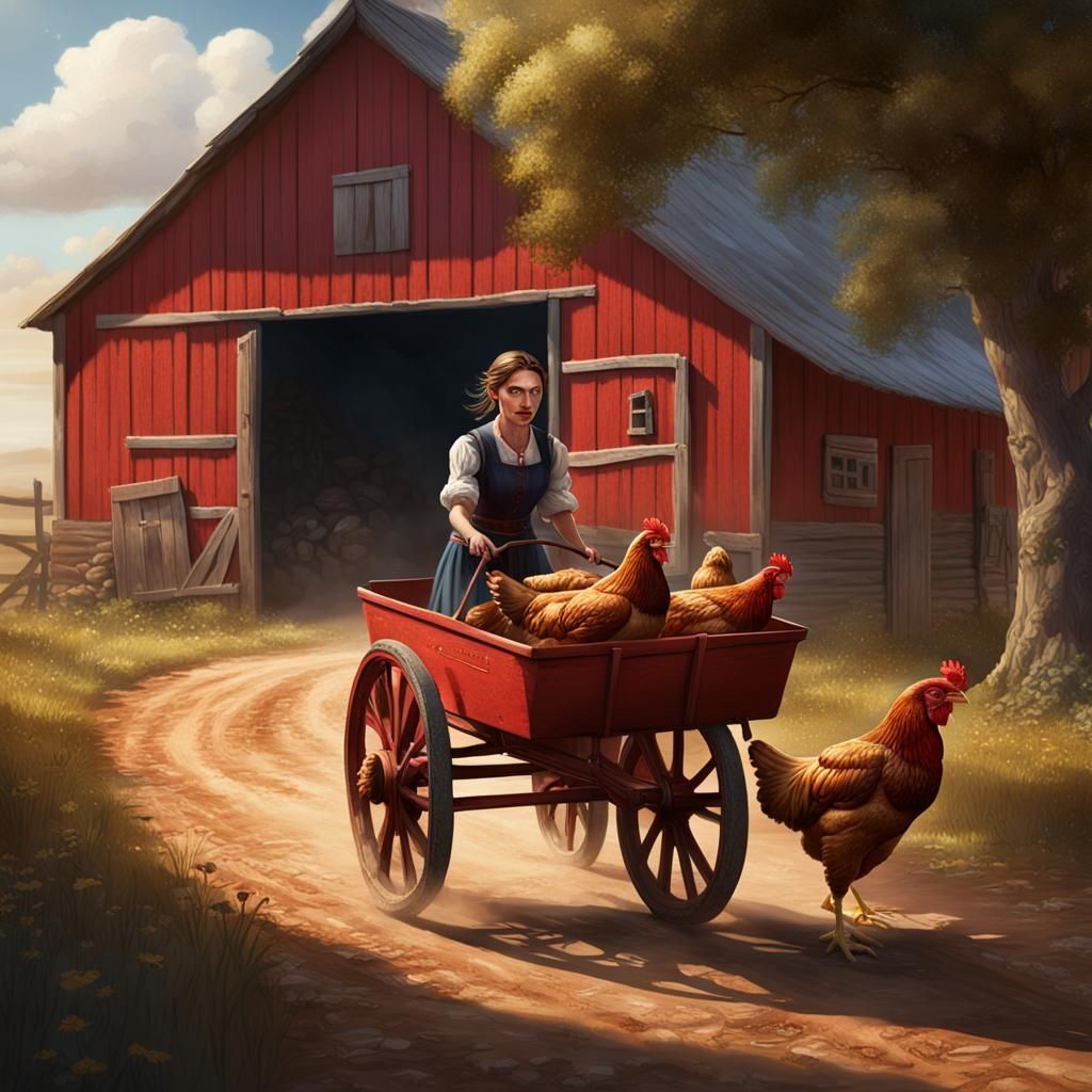 Woman Pulling Chicken in Wagon: Detailed Matte Painting
