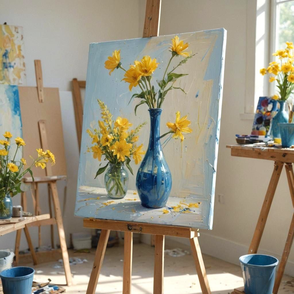 Canvas painting on an easel, signed by Joy Slusser, subject:...