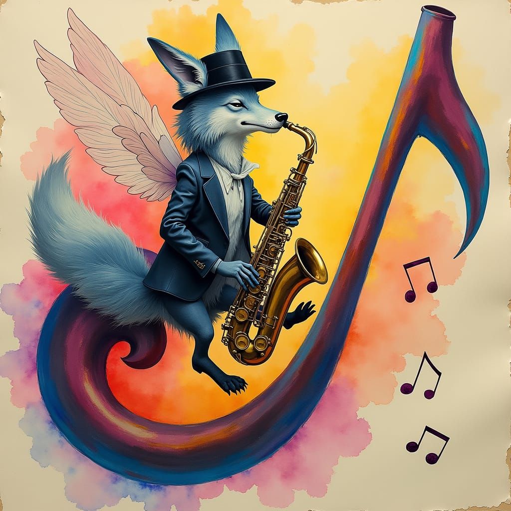 Jazz Fairy Wolf Playing Saxophone in Watercolor Style