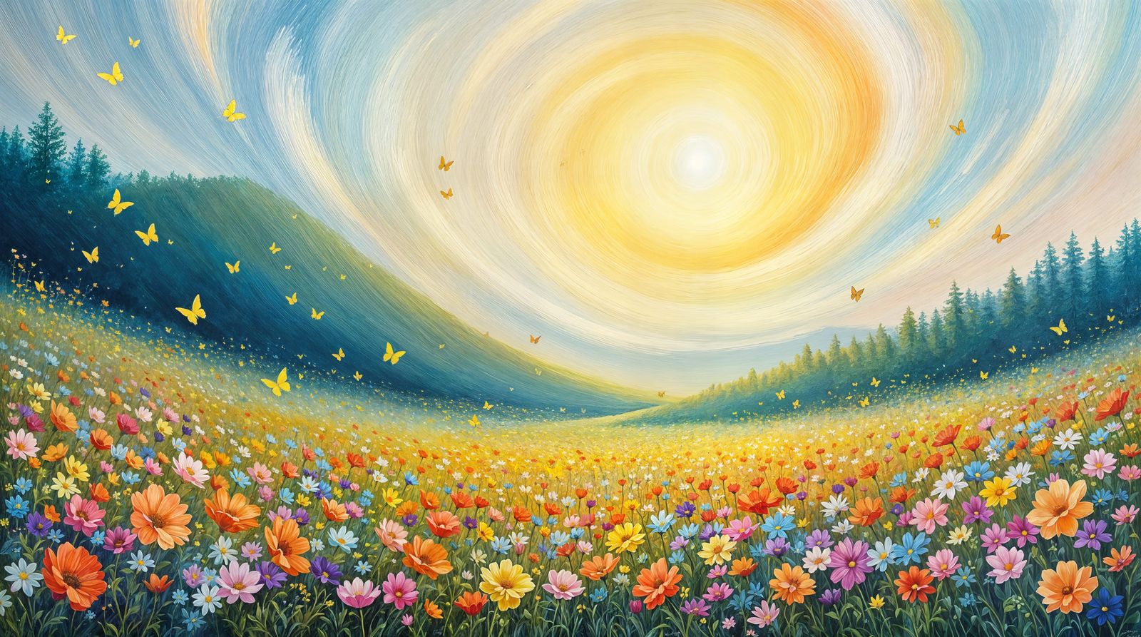 Vibrant Impressionistic Valley Landscape with Swirling Sky