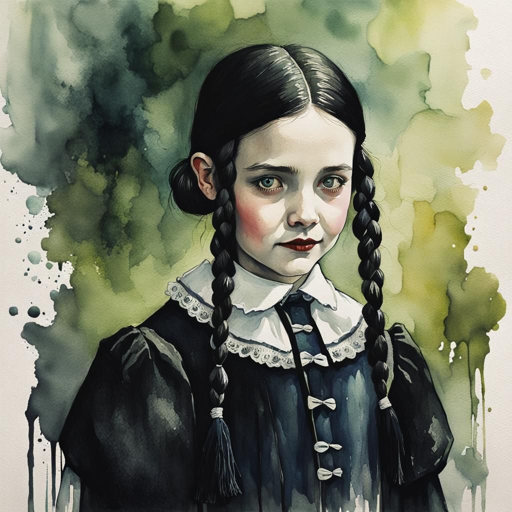 Smiling Wednesday Addams in Watercolor Style