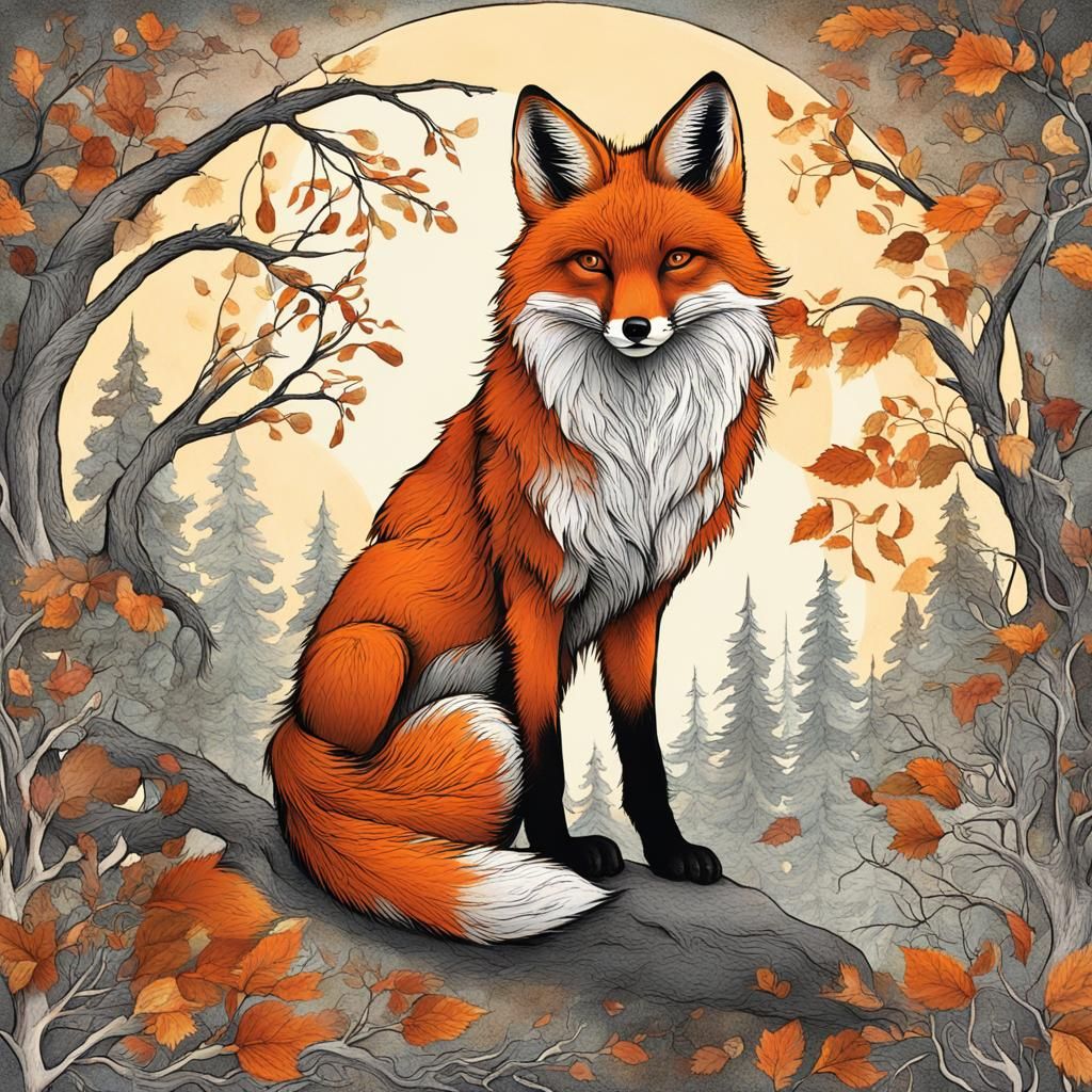 Majestic Fox in Forest Beside Luminous Moon