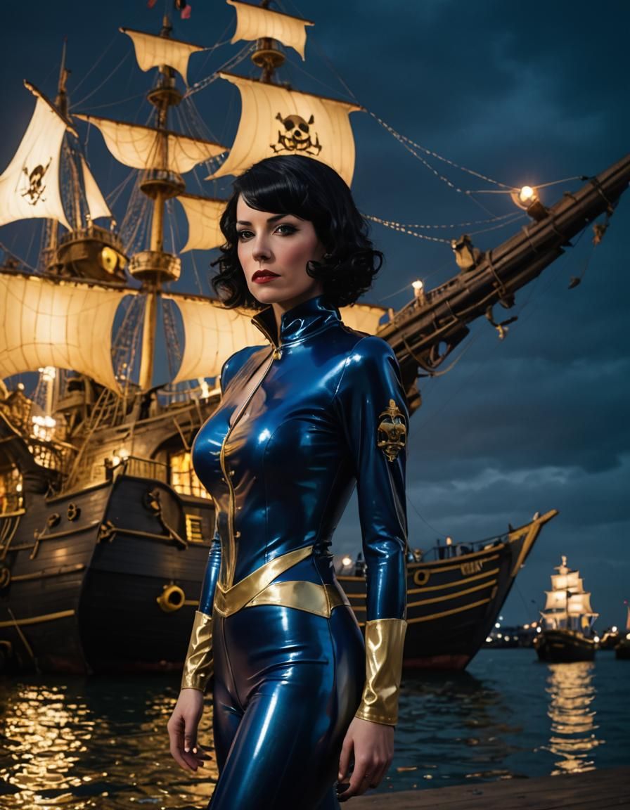 Woman in Gold and Blue Latex Suit