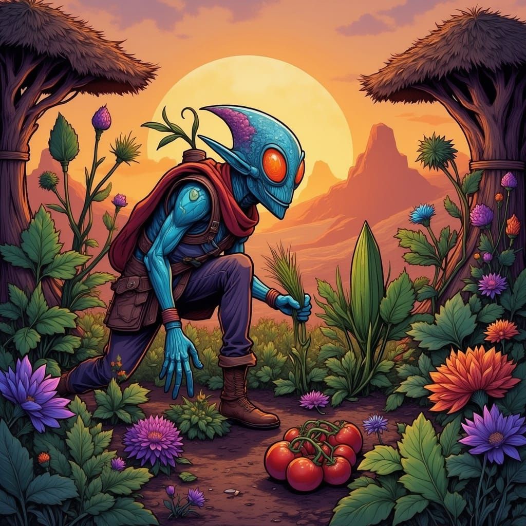 Alien Farmer's Garden at Sunset, Whimsical Art