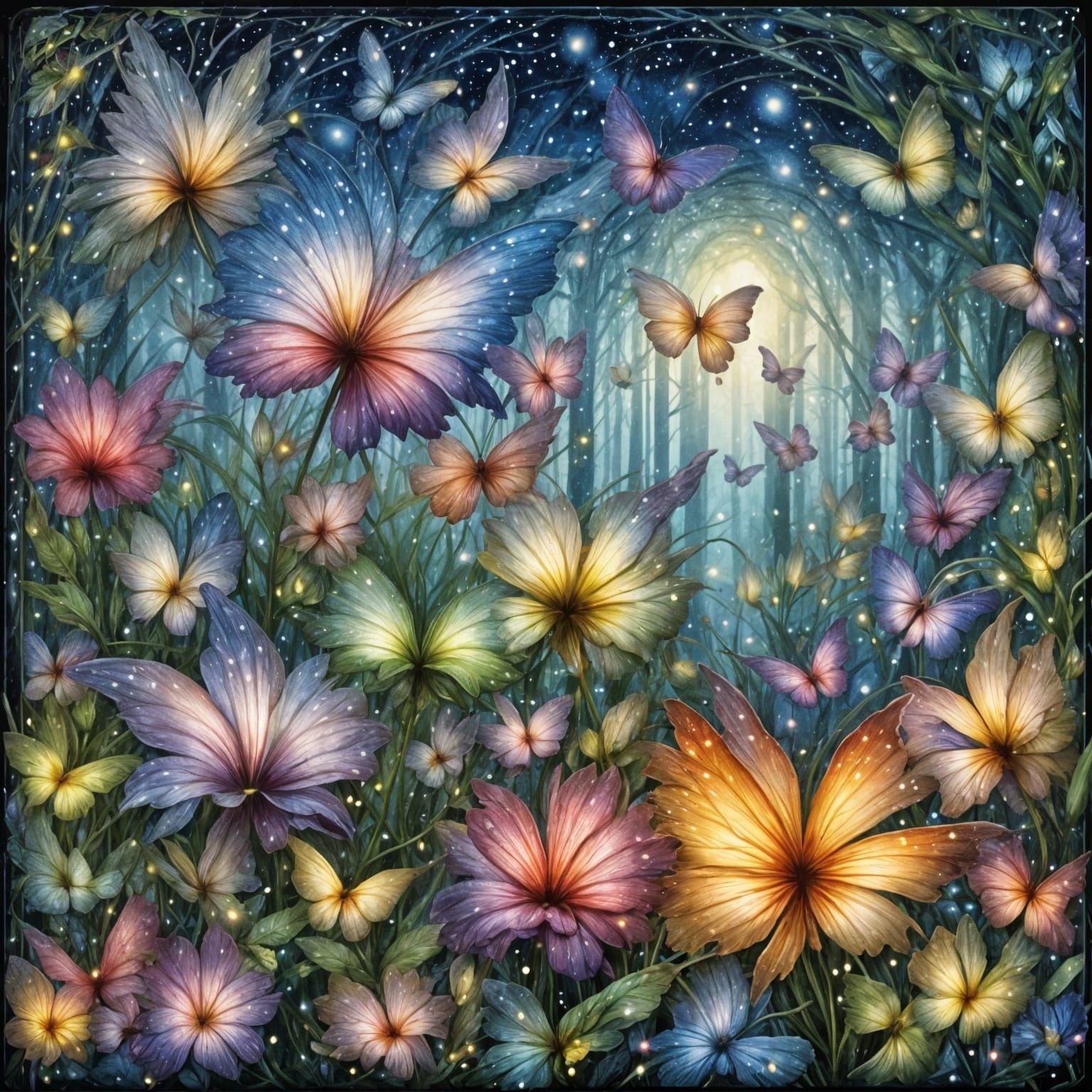 Fairies Stealing Glowing Produce from Moonlit Garden