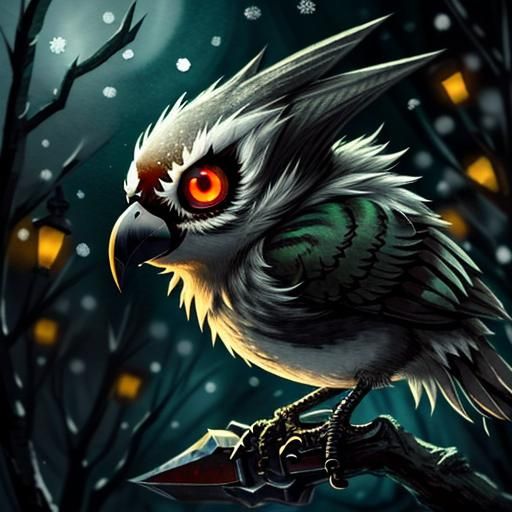 Undead Chibi Bird in Winter, Watercolor Style