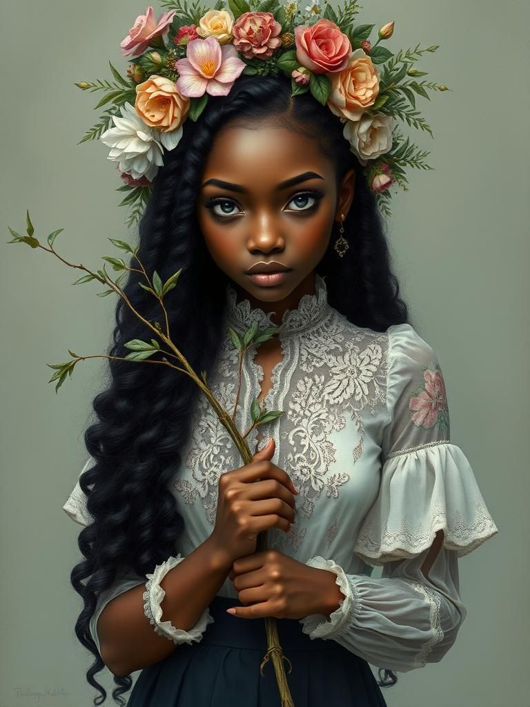 Ethereal Woman with Flowers in Fantasy Portrait