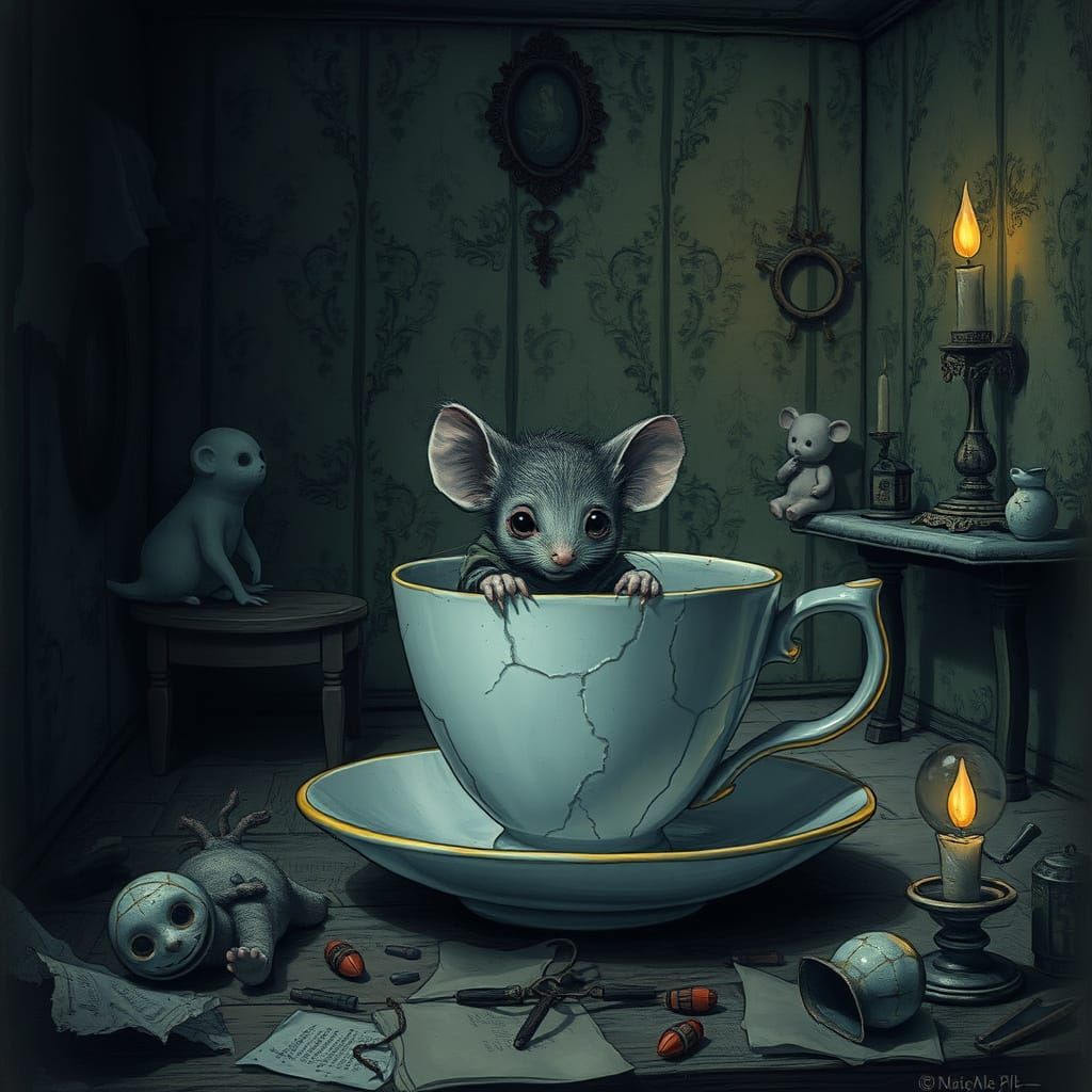Mouse in Decaying Dollhouse, Dark Surreal Horror