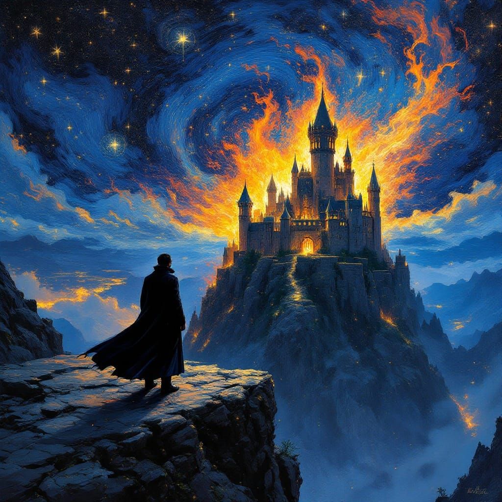 Castle Ablaze Under Starry Night Sky