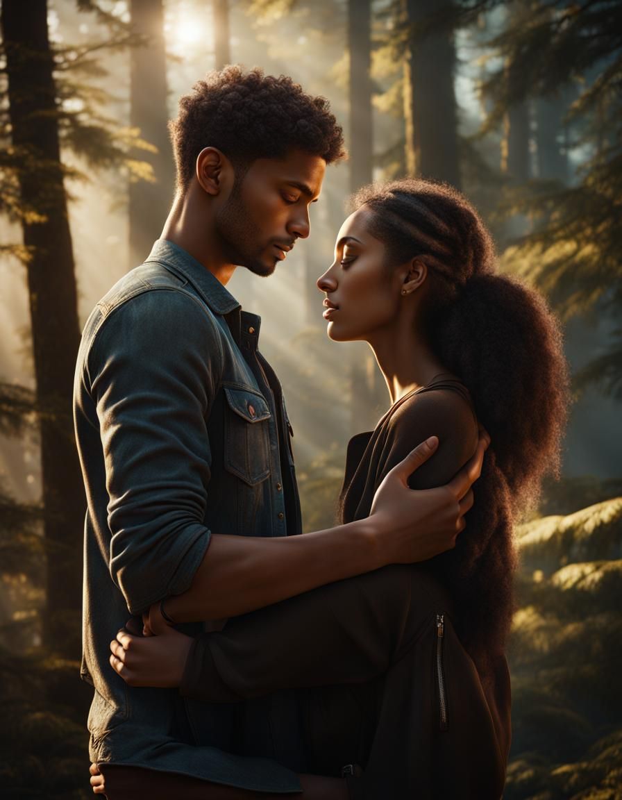 Romantic Couple in Forest: Detailed Matte Painting