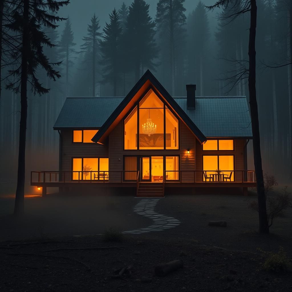 Modern Wooden House in Misty Forest, Hyperrealistic HDR
