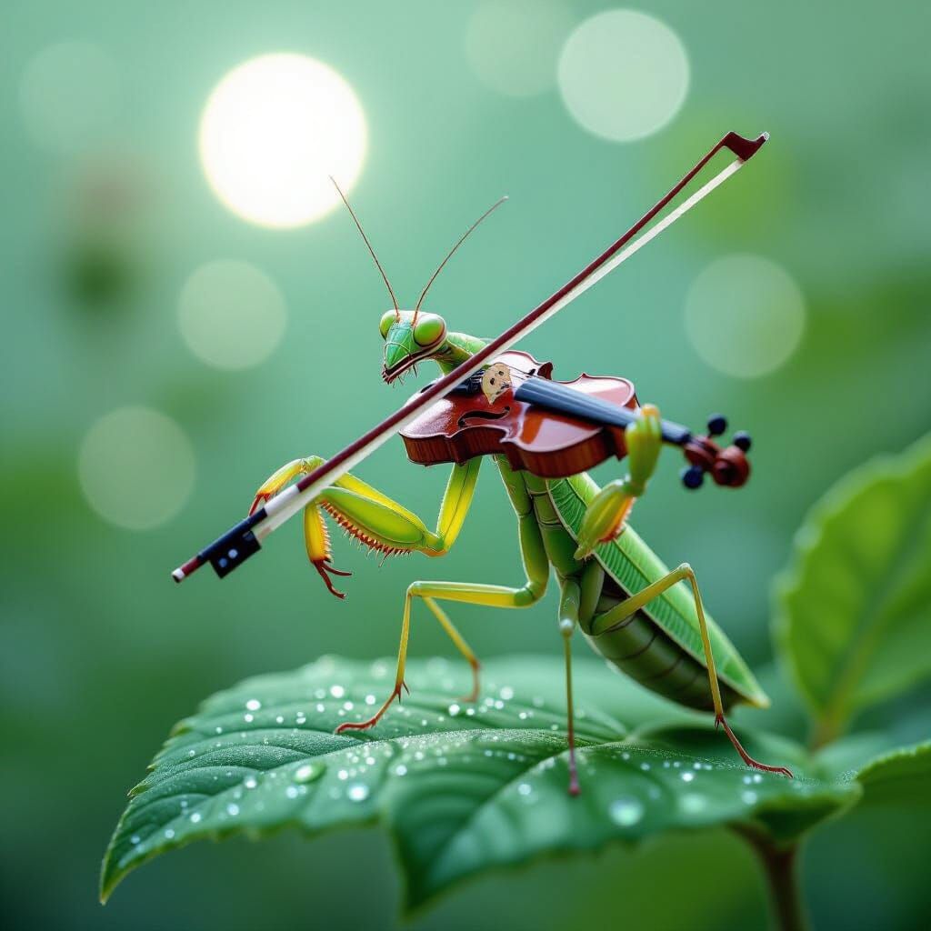 Mantis Violinist in Moonlit Garden