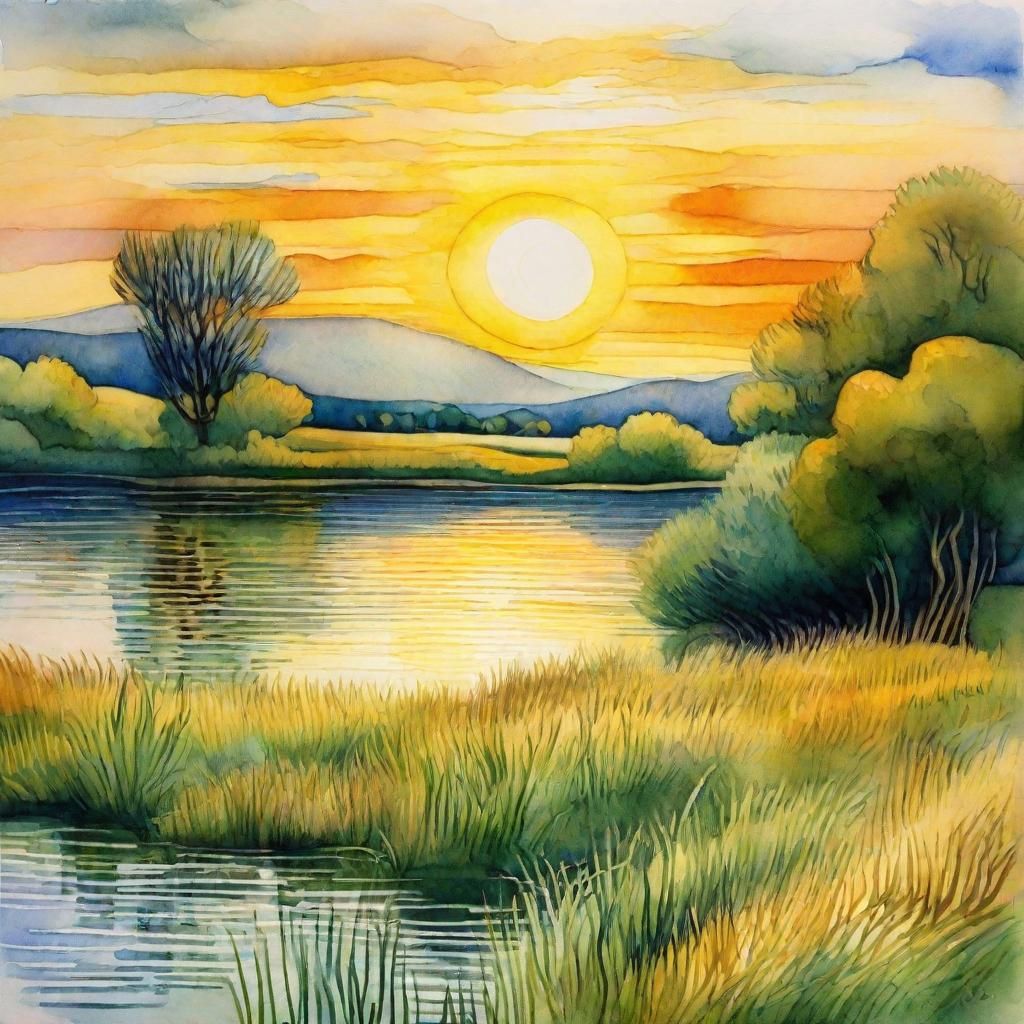 Riverside Landscape in Watercolor, Surreal Sun