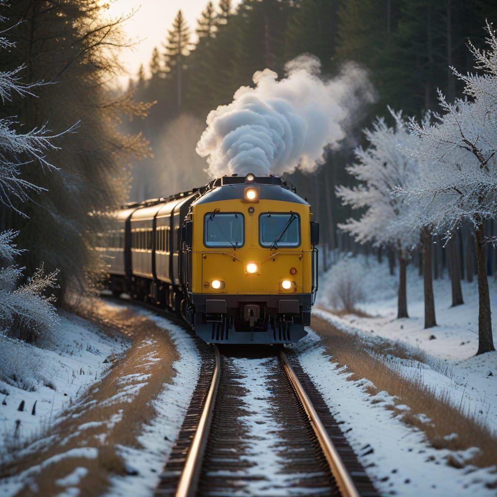 Winter Train Journey Through Snow-Covered Meadows and Forest...
