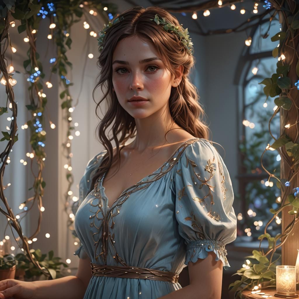 Girl in Blue Dress Portrait, Hyperdetailed Art