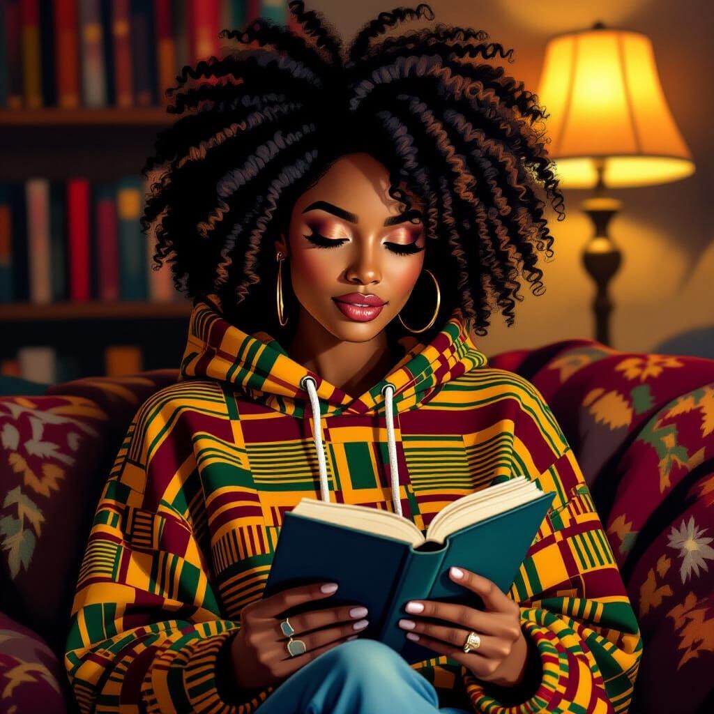 Woman Reading with Afro and Kente Hoodie Sipping Wine