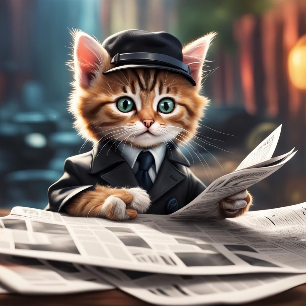 Secret Agent Kitten Reads Newspaper: Hyperrealistic Digital ...
