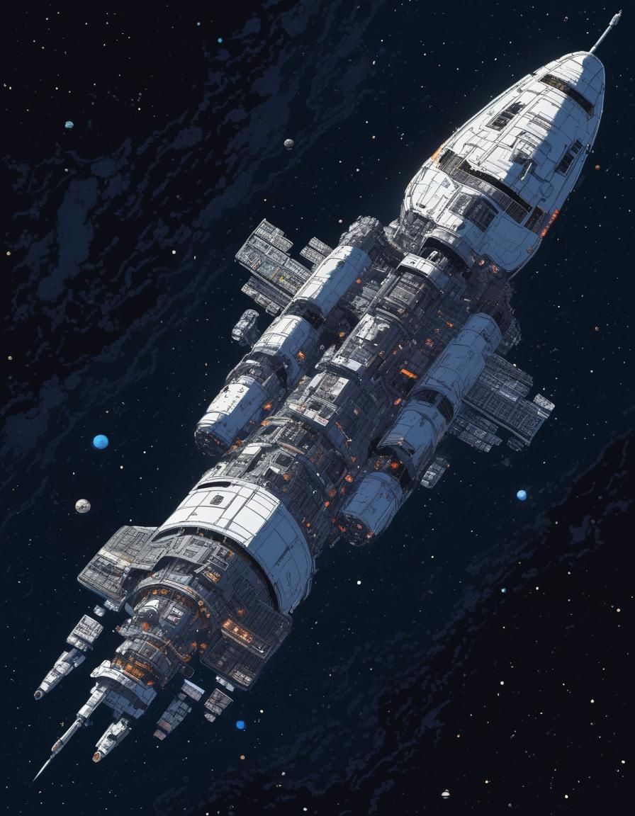 Detailed Pixel Art Spaceship in Nebula Galaxy