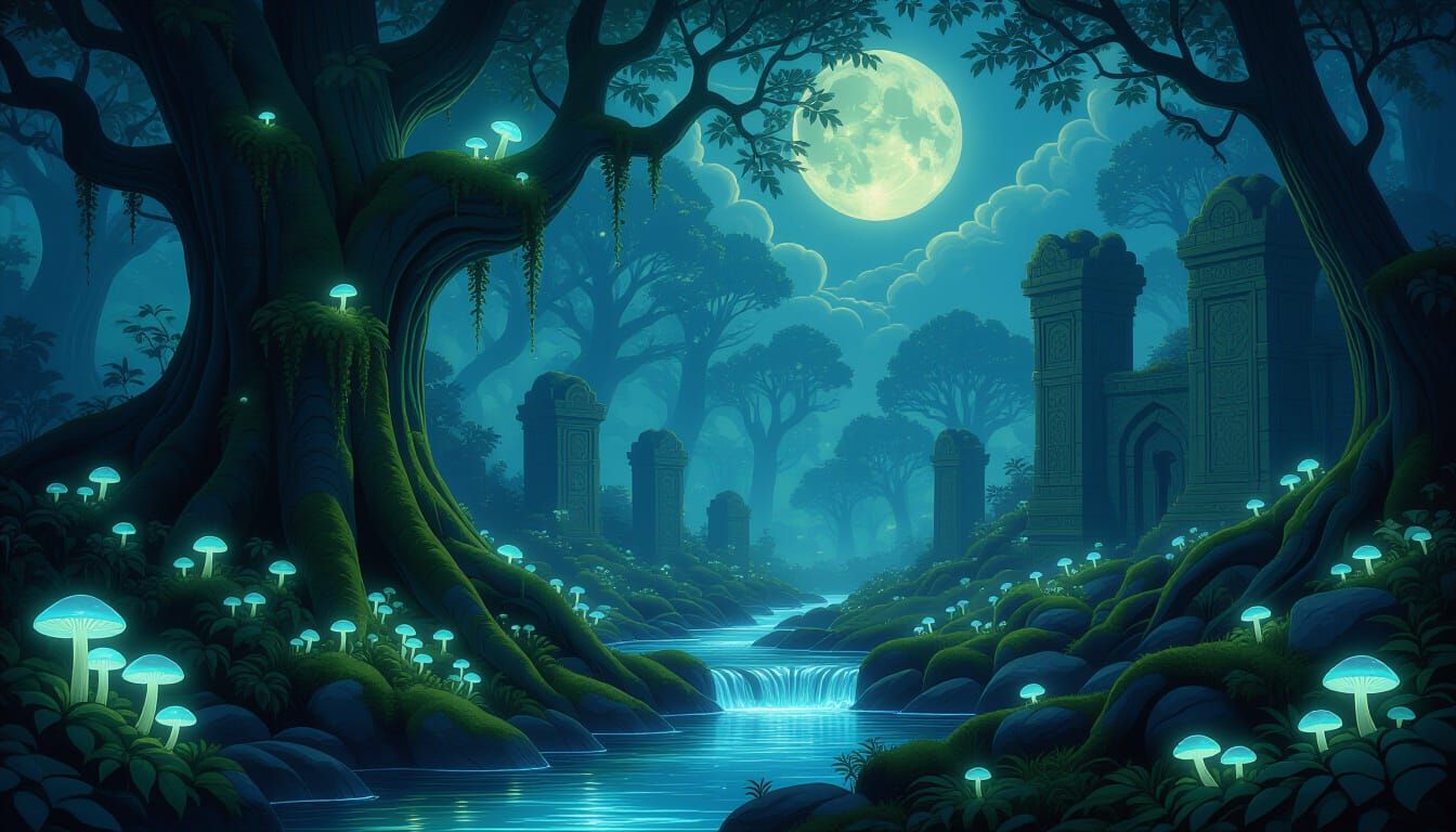 Enchanted Moonlit Grove with Glowing Flora and Ruins