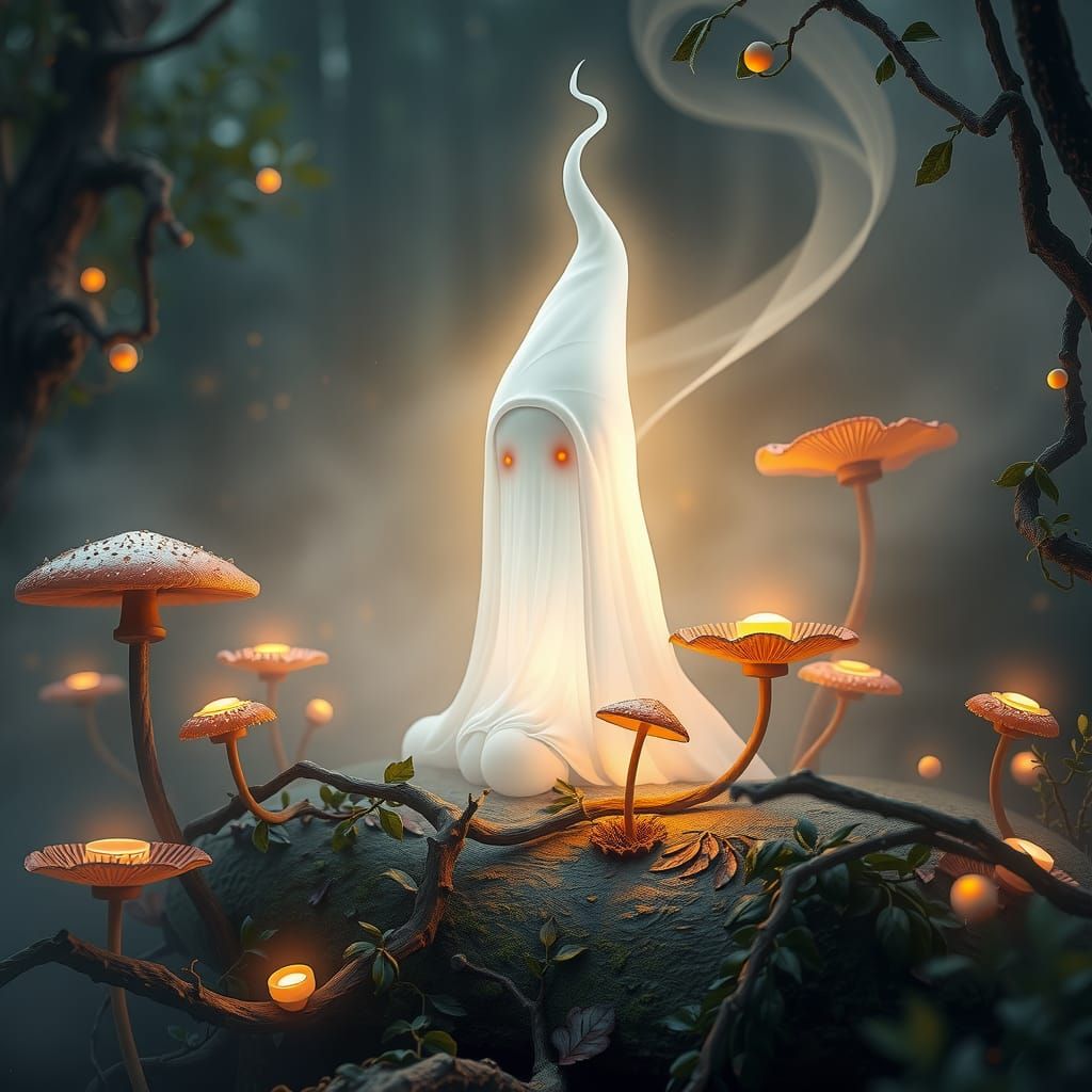 Ethereal Ghost Gnome in Mystical Forest Clearing