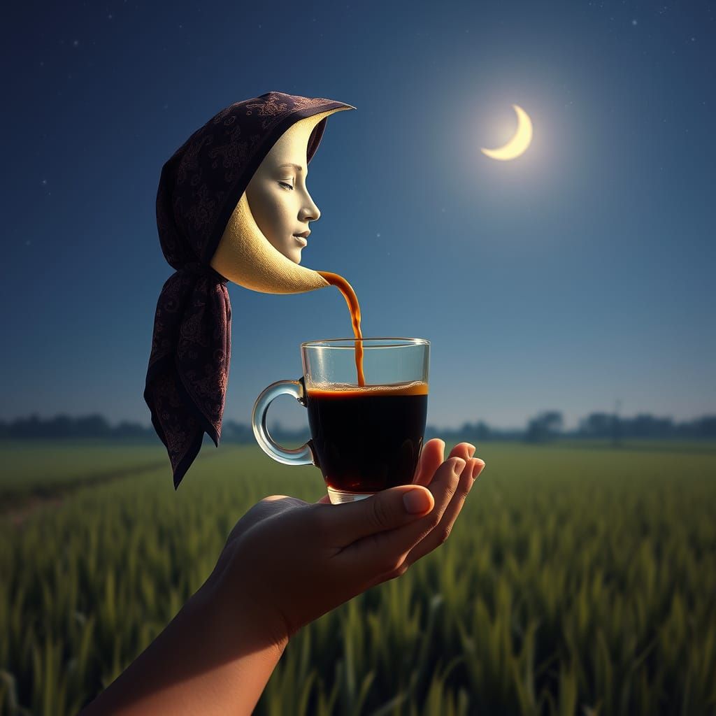 Surrealist Moon Goddess in Batik Headscarf Pours Coffee Unde...