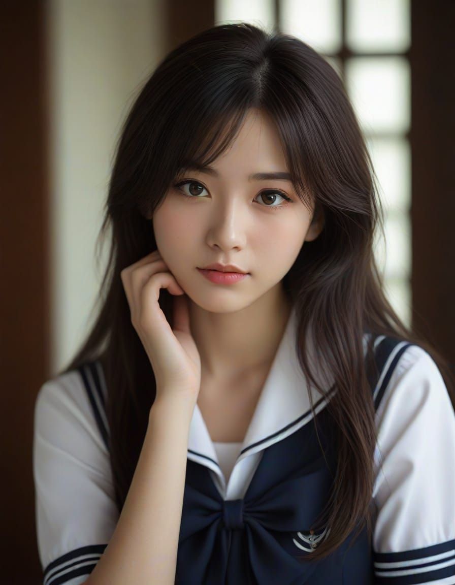 Photorealistic Portrait of Elegant High School Girl in Sailo...