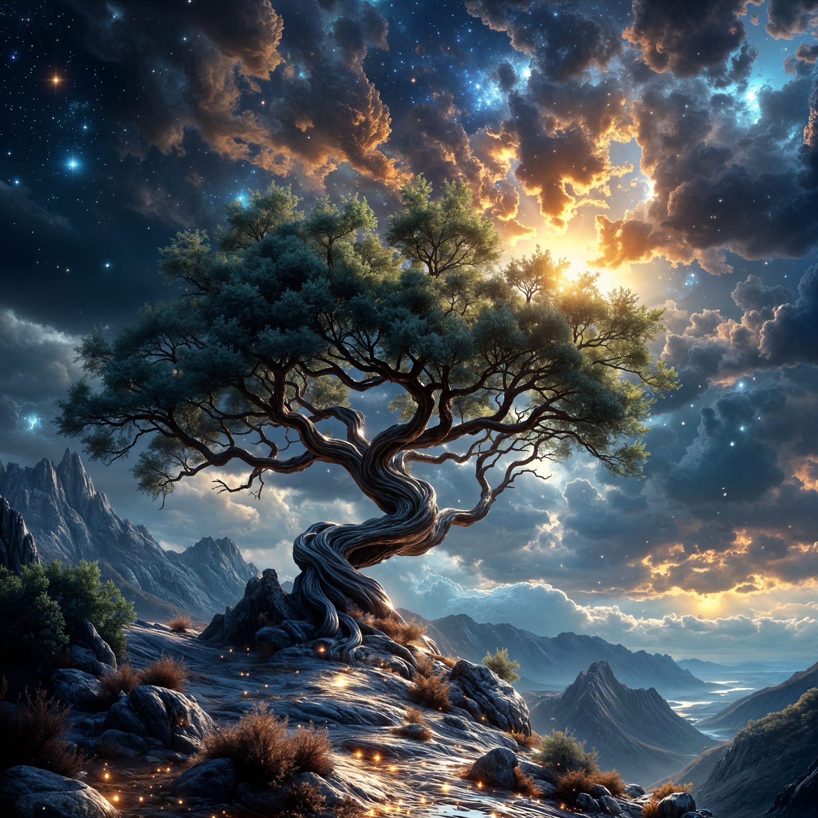 Ancient Tree Under Cosmic Sky Landscape