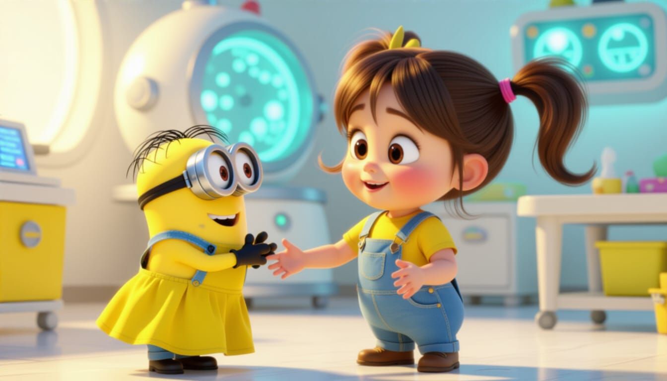 Girl Reaches for Smiling Minion in Whimsical Lab